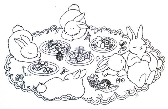 Bunny Picnic, 2020, ink
