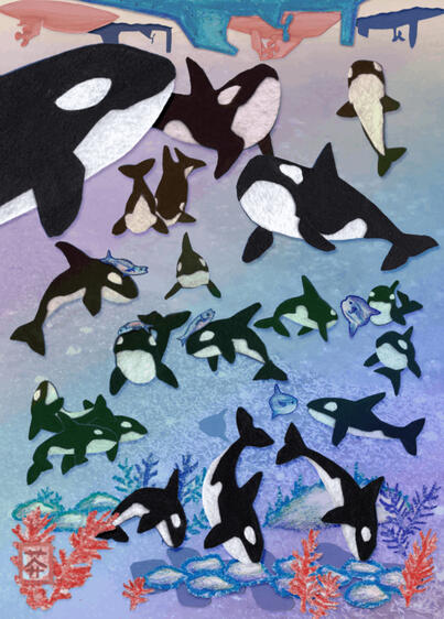Orcas for The Sea Unseen Zine 2026, felt, pastel, digital collage